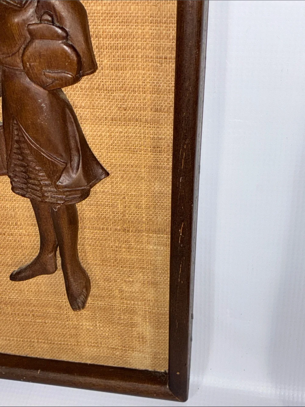 Mid Century Modern Hand Carved Wood & Burlap Wall Decor Set of 2 Vintage 1960s